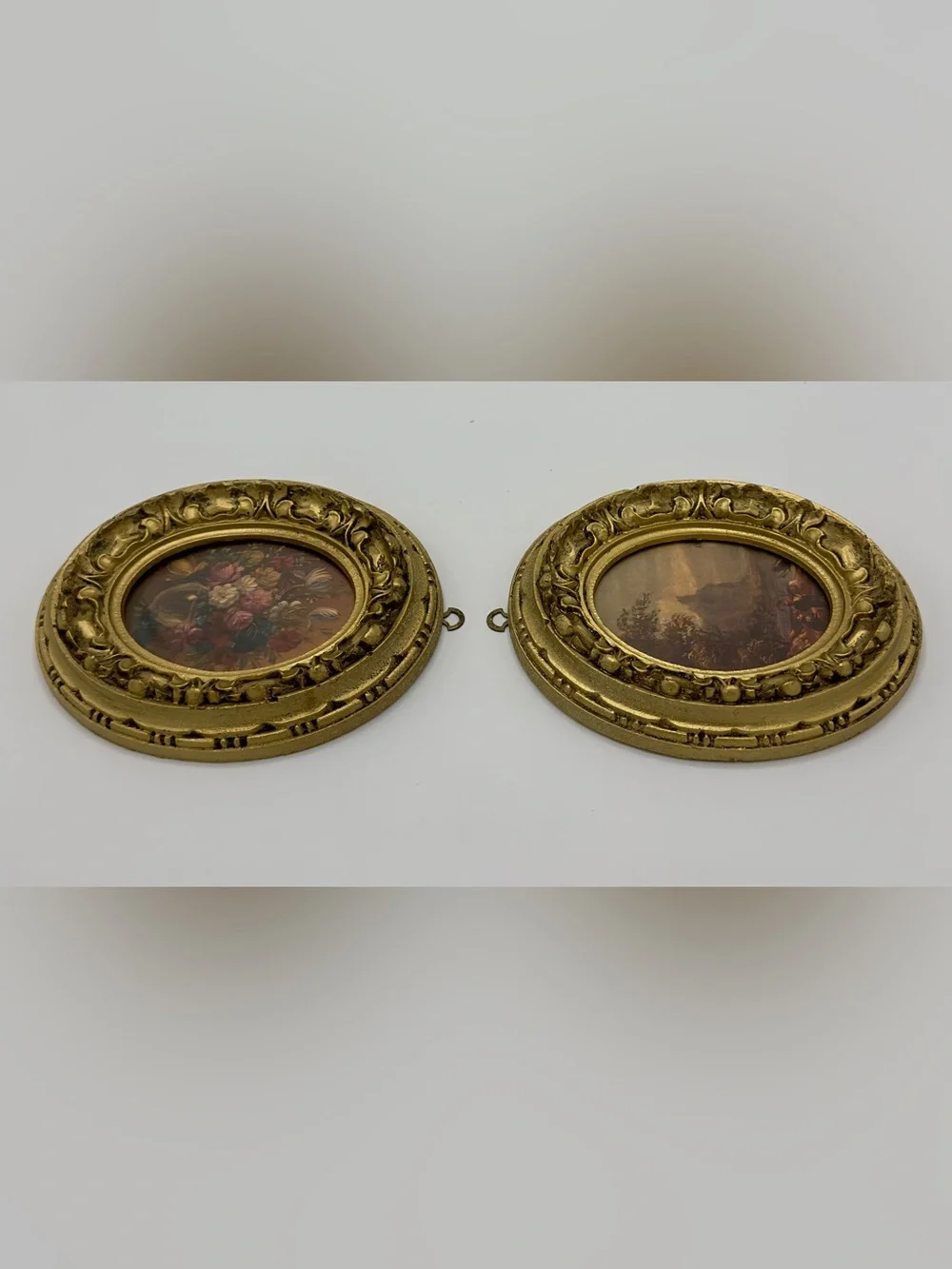 Vintage Pair Oval Gold Framed Wall Art Floral & Scenic Made in Italy